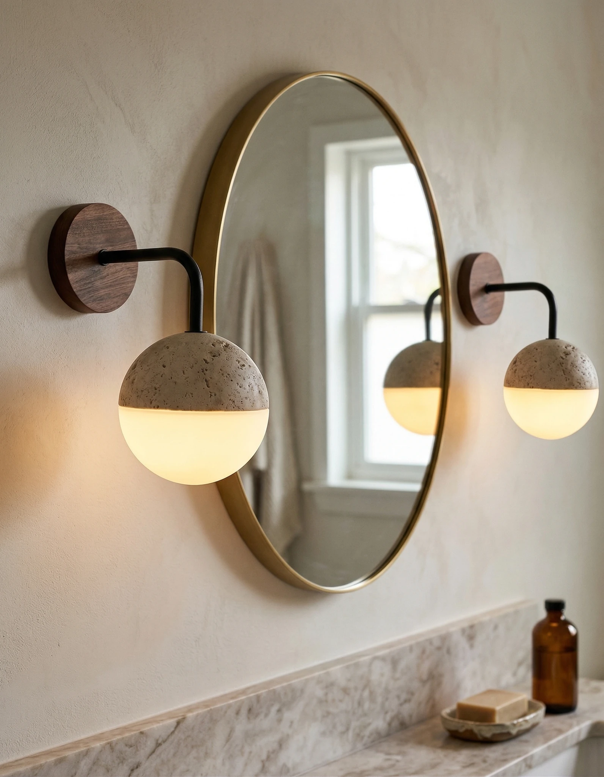Travertine wall sconce CIPRO No.02 lit beside a round brass mirror above a stone ledge with soap and a bottle
