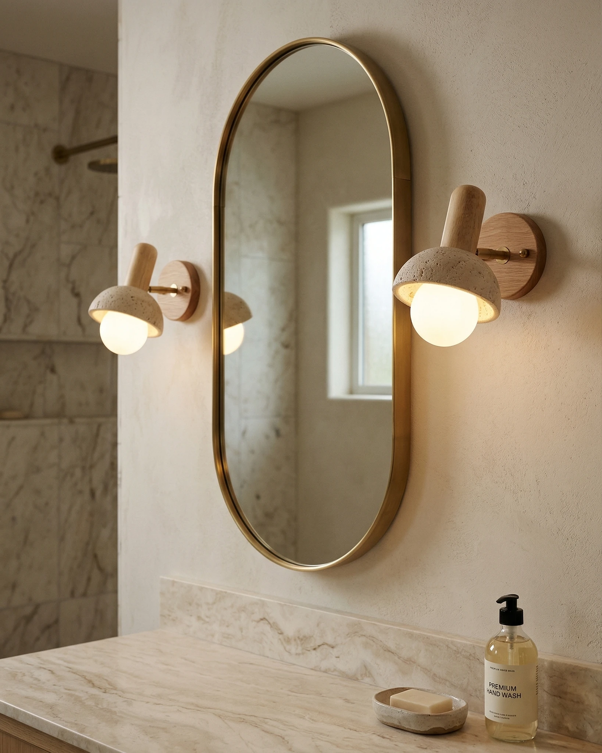 Travertine wall sconce CONA No.01, two dome heads with opal globes lit either side of an oval mirror above a marble vanity