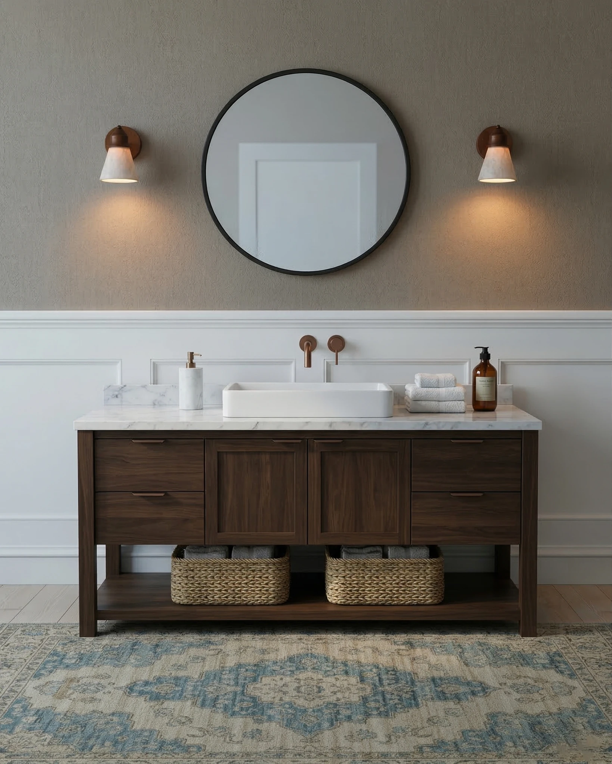 Two travertine wall sconces CONA No.03 lit either side of a round mirror above a walnut vanity with a white sink