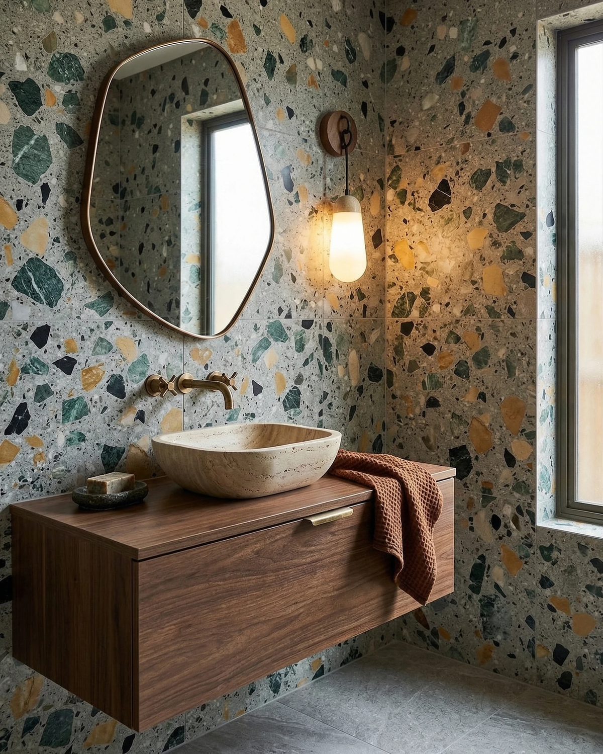 Travertine wall sconce CORTO No.02 lit beside a mirror above a floating vanity with terrazzo walls