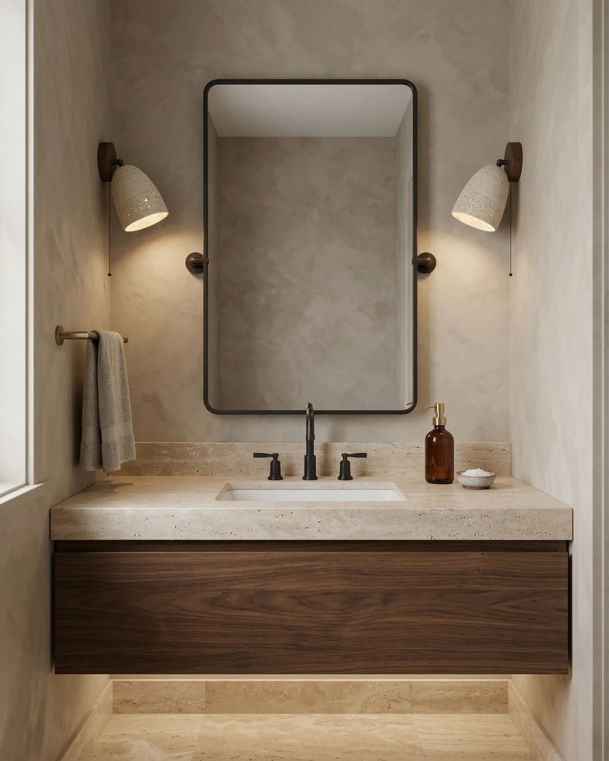 Two travertine wall sconces PERA No.01 lit either side of a mirror above a walnut bathroom vanity