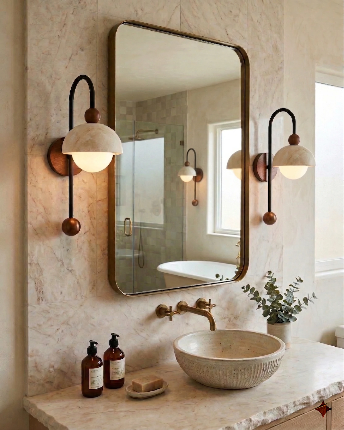Travertine wall sconce IBLA No.01, two units lit either side of a mirror above a stone basin on a marble vanity