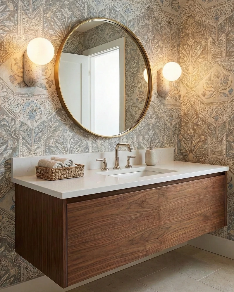 Two travertine wall sconces PERLA No.01 lit beside a round brass mirror above a walnut vanity with patterned wallpaper