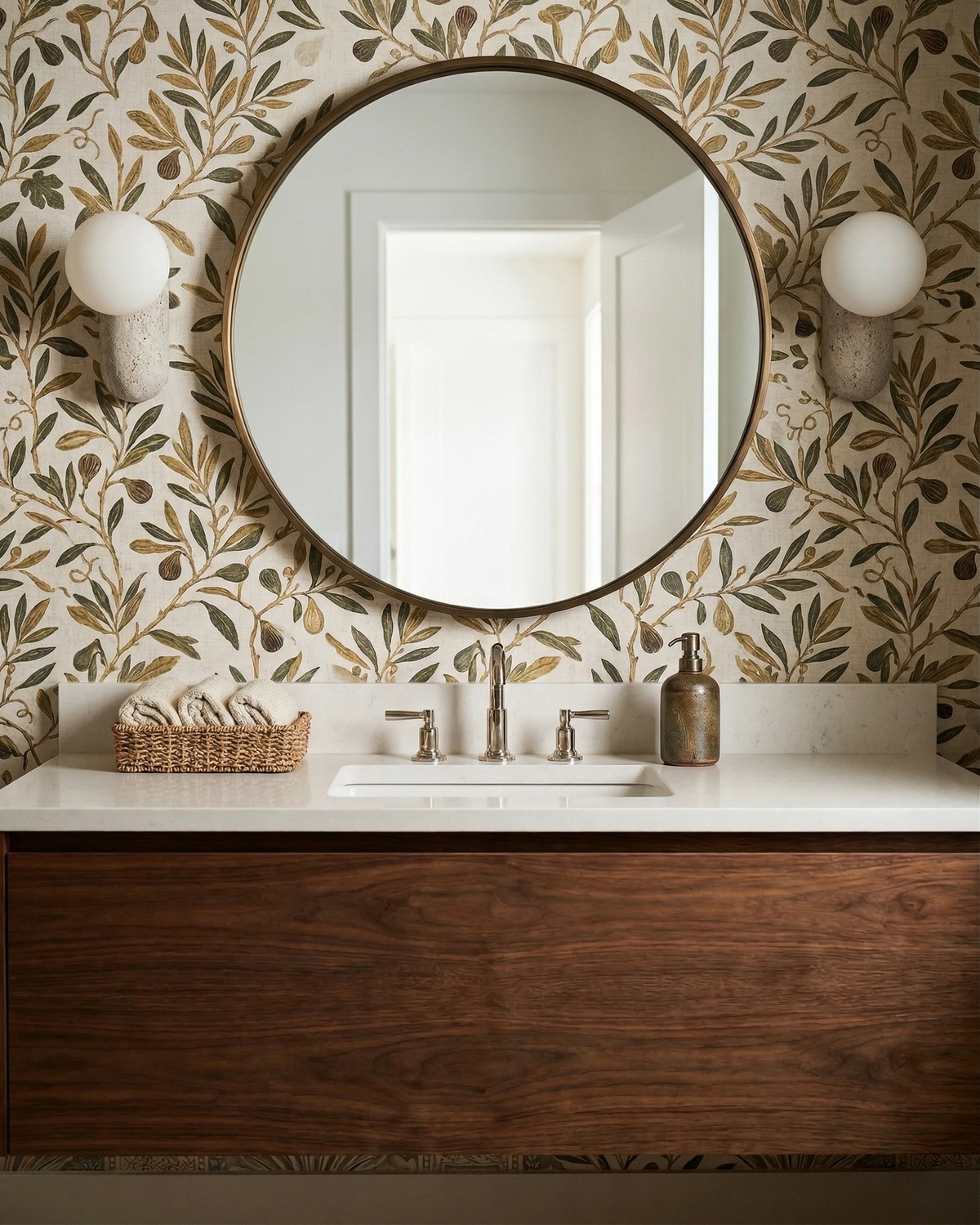 Pair of travertine wall sconces PERLA No.01 flanking a round mirror over a walnut vanity with leafy wallpaper