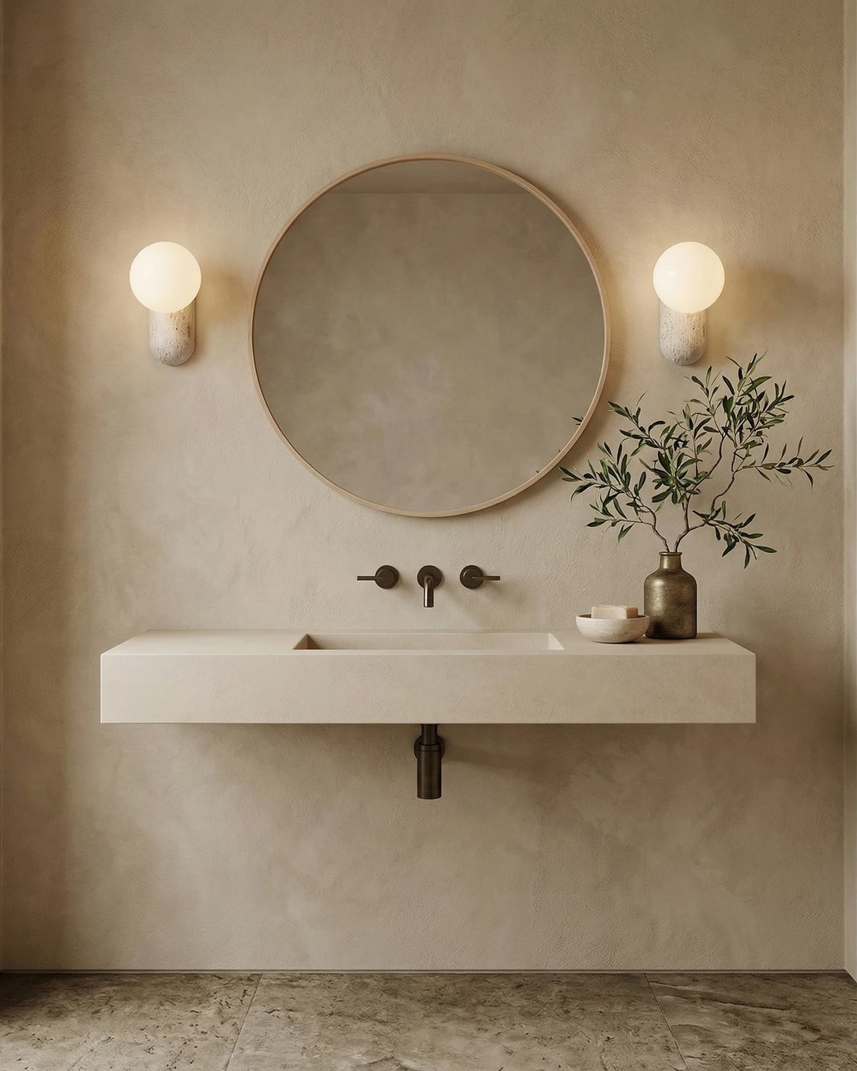 Two travertine wall sconces PERLA No.01 switched on around a round mirror over a wall-mounted stone basin
