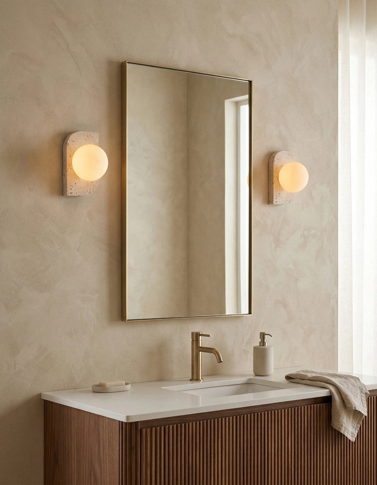 Two travertine wall sconces PRATO No.03 single globe flanking a mirror above a fluted wood vanity with a sink