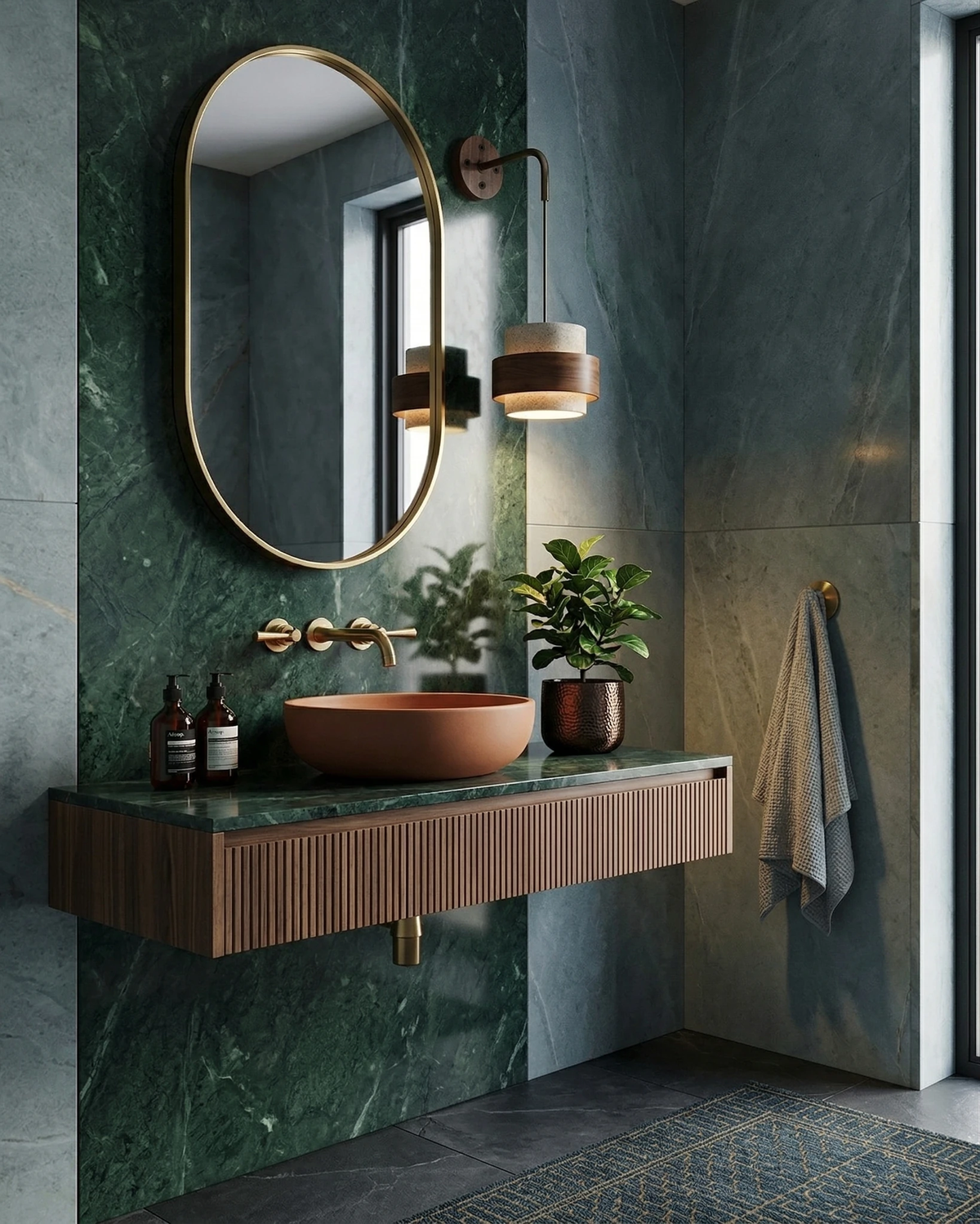 Travertine wall sconce TIVOLI No.02 lit beside an oval mirror above a green marble vanity with a clay basin