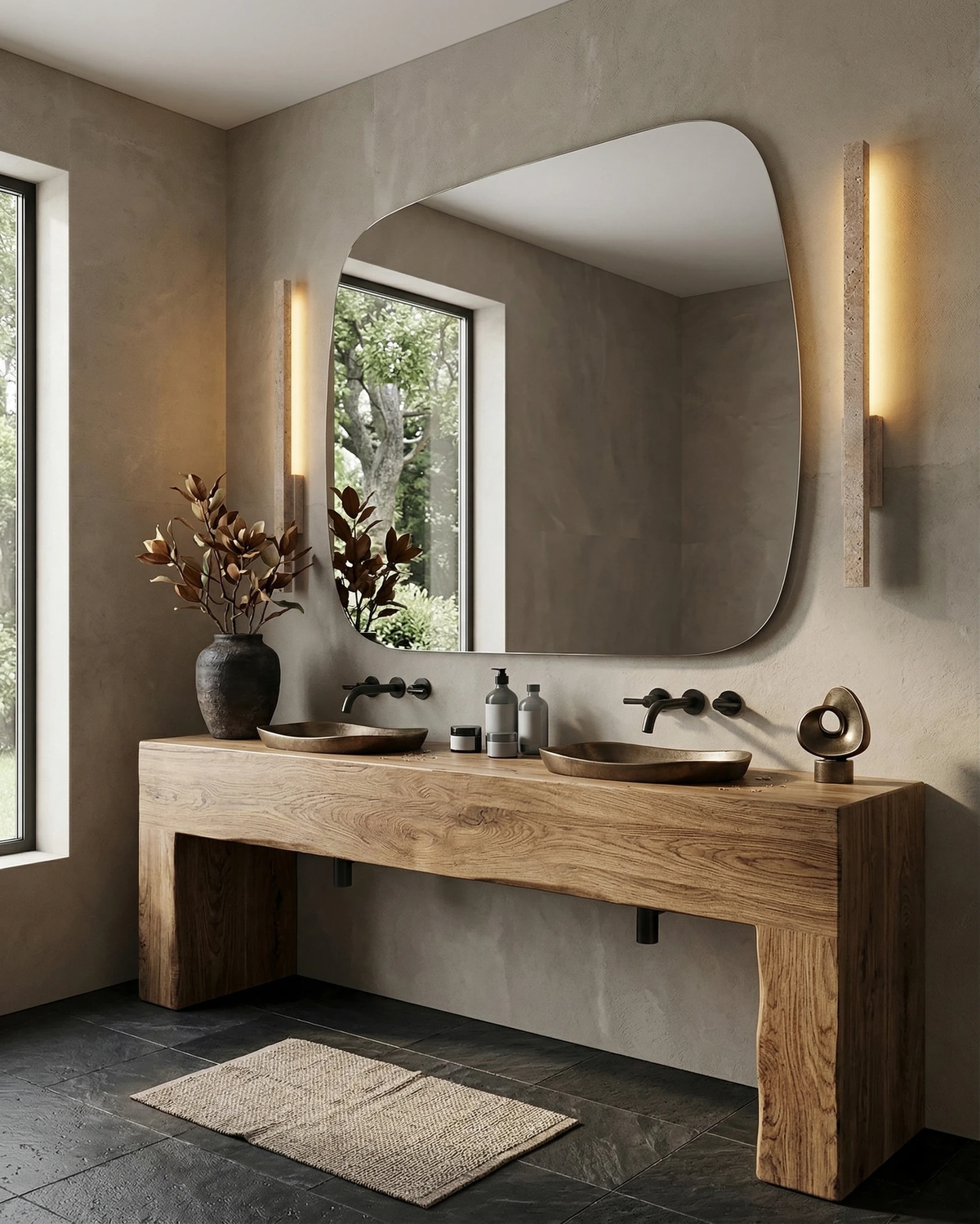 Travertine wall sconce VITRU No.02, two lit bars beside an organic mirror over a chunky wood vanity with a stone basin