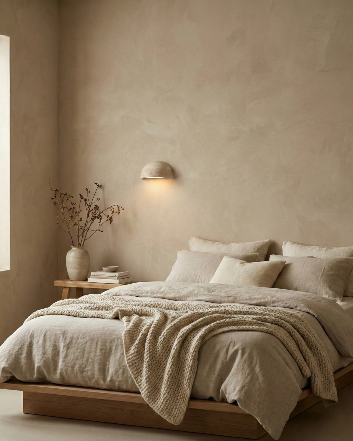 Travertine wall sconce BERGAMO No.01 glowing on a plaster wall above a low platform bed with beige linen bedding