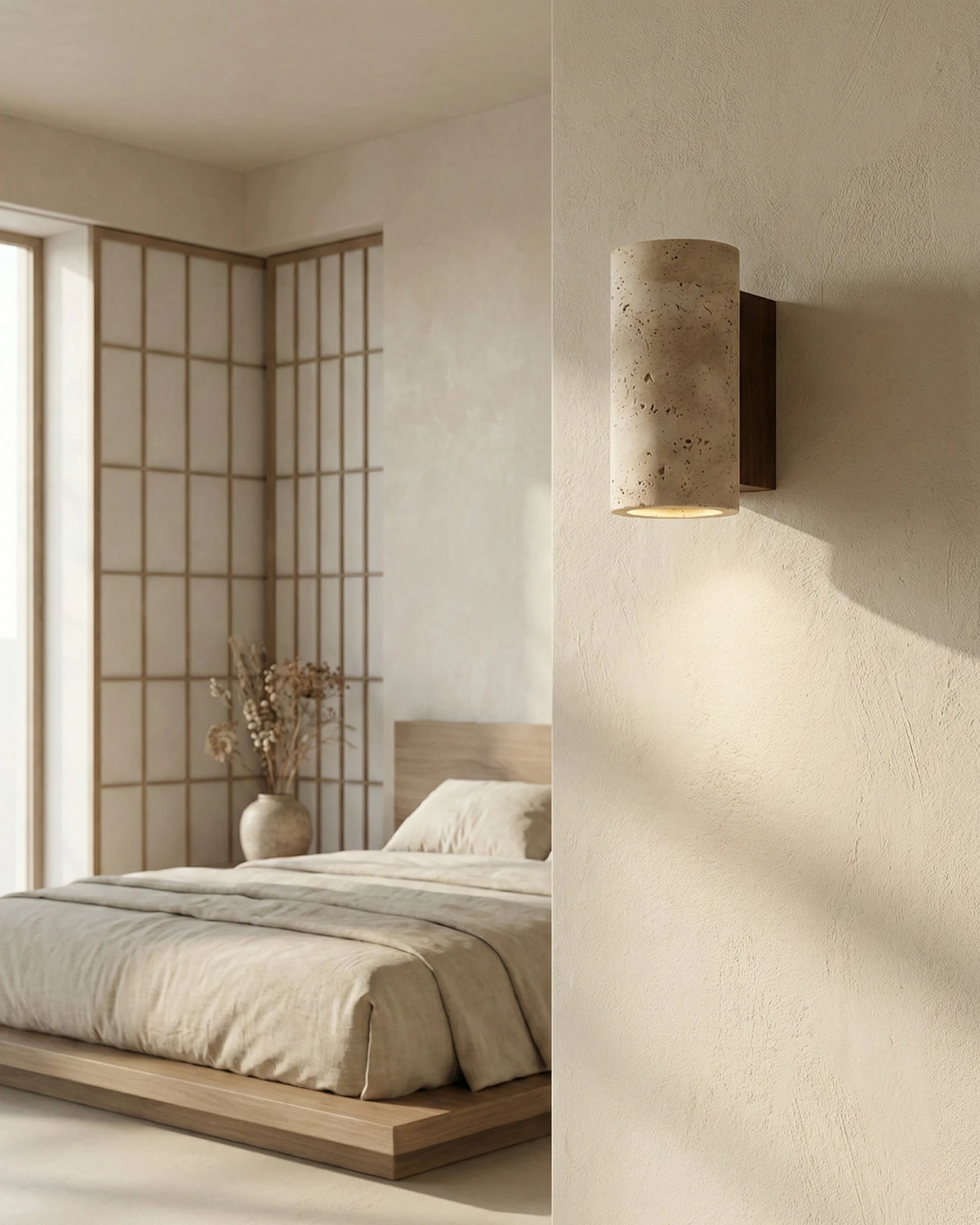 Travertine wall sconce GRANO No.02 lit on a plaster wall in a bedroom with a shoji screen and low bed