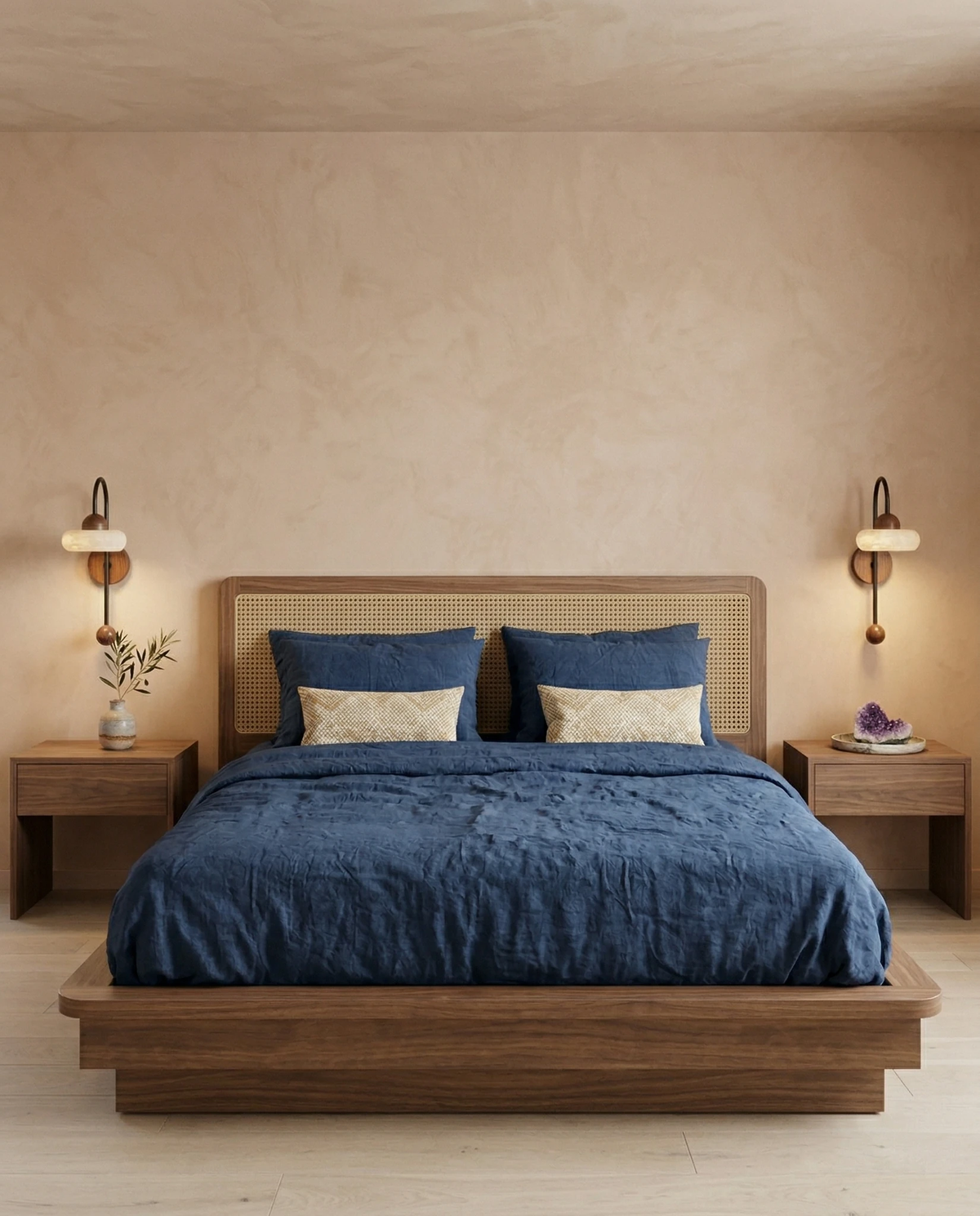 Two travertine wall sconces BASSO No.01 lit on both sides of an oak bed with blue linen bedding