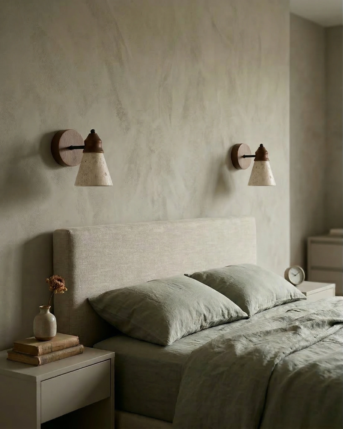 Two travertine wall sconces CONA No.03 lit above a bed with sage green linen and a fabric headboard