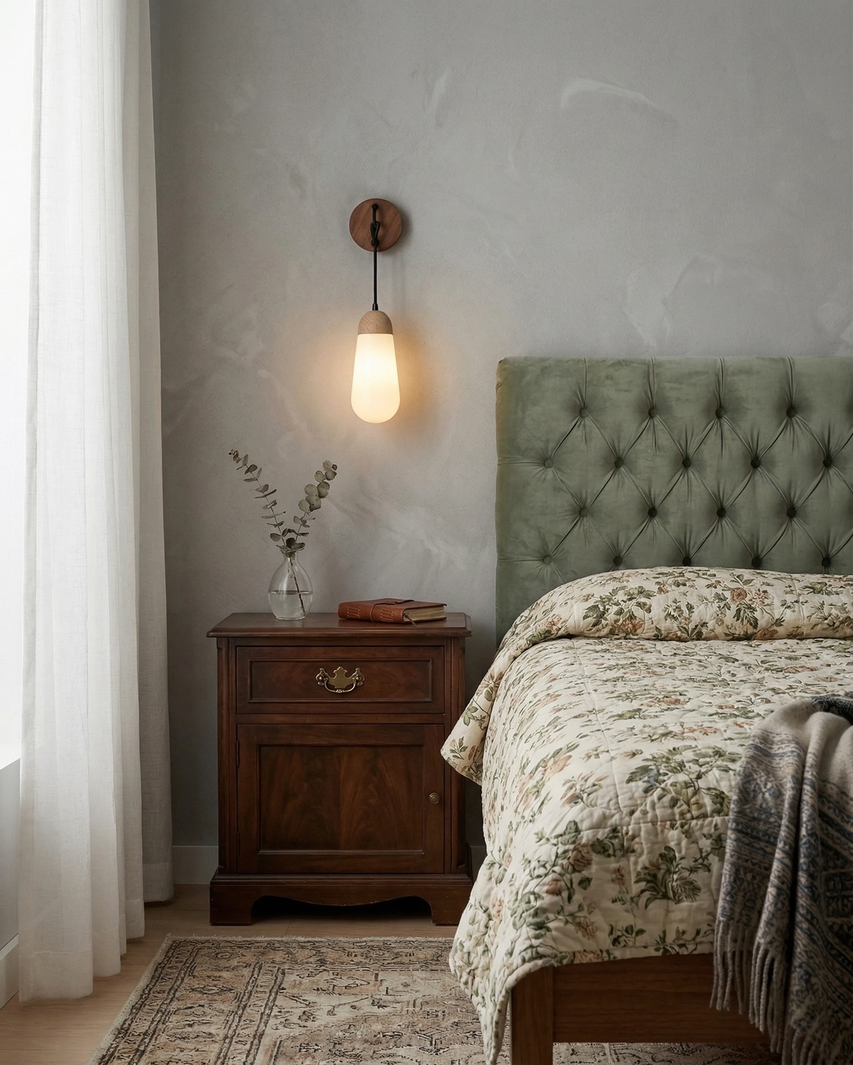 Travertine wall sconce CORTO No.02 opal pendant lit beside a bed with a green tufted headboard and nightstand