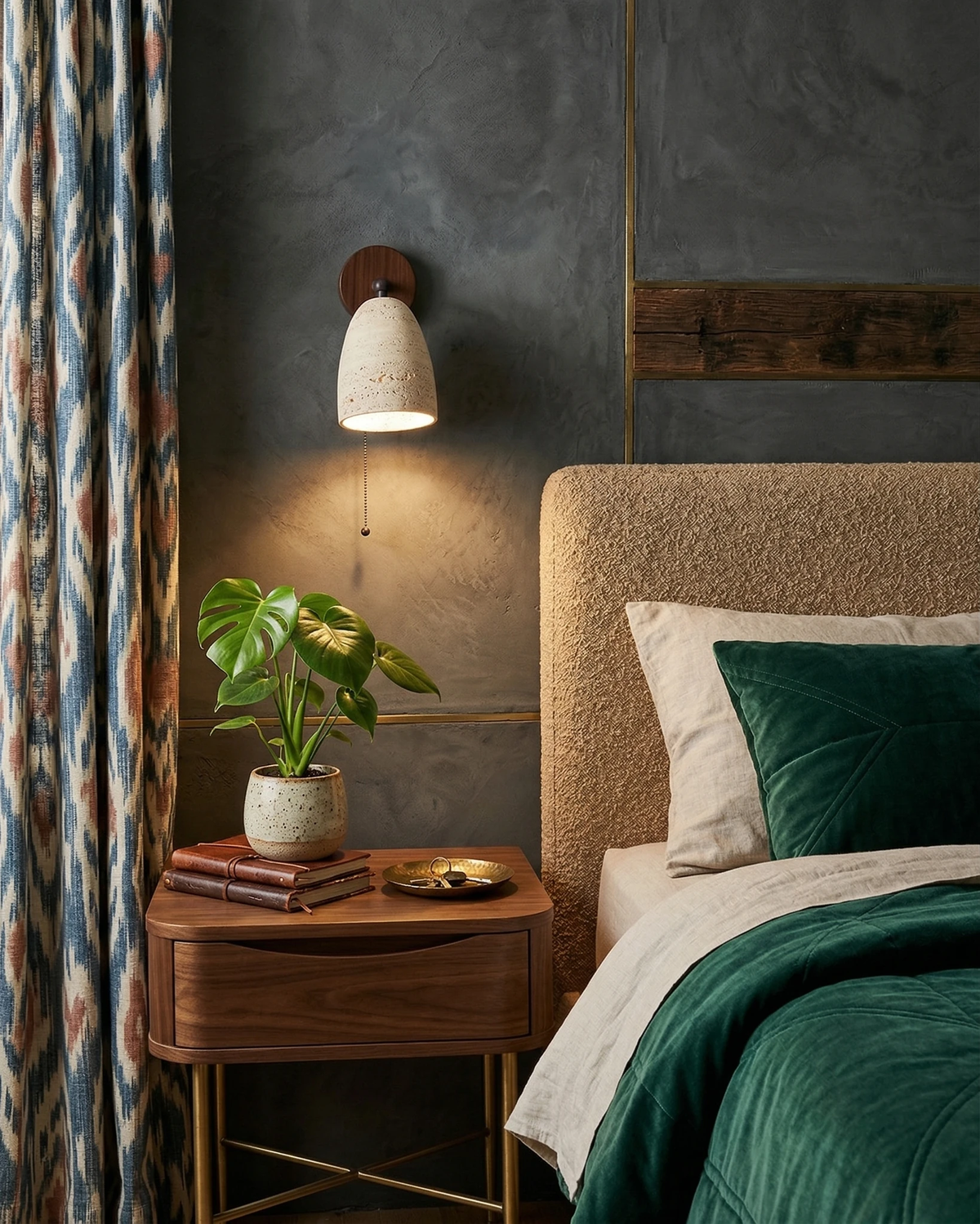 Travertine wall sconce PERA No.01 lit beside a bed with green bedding and a nightstand with a plant