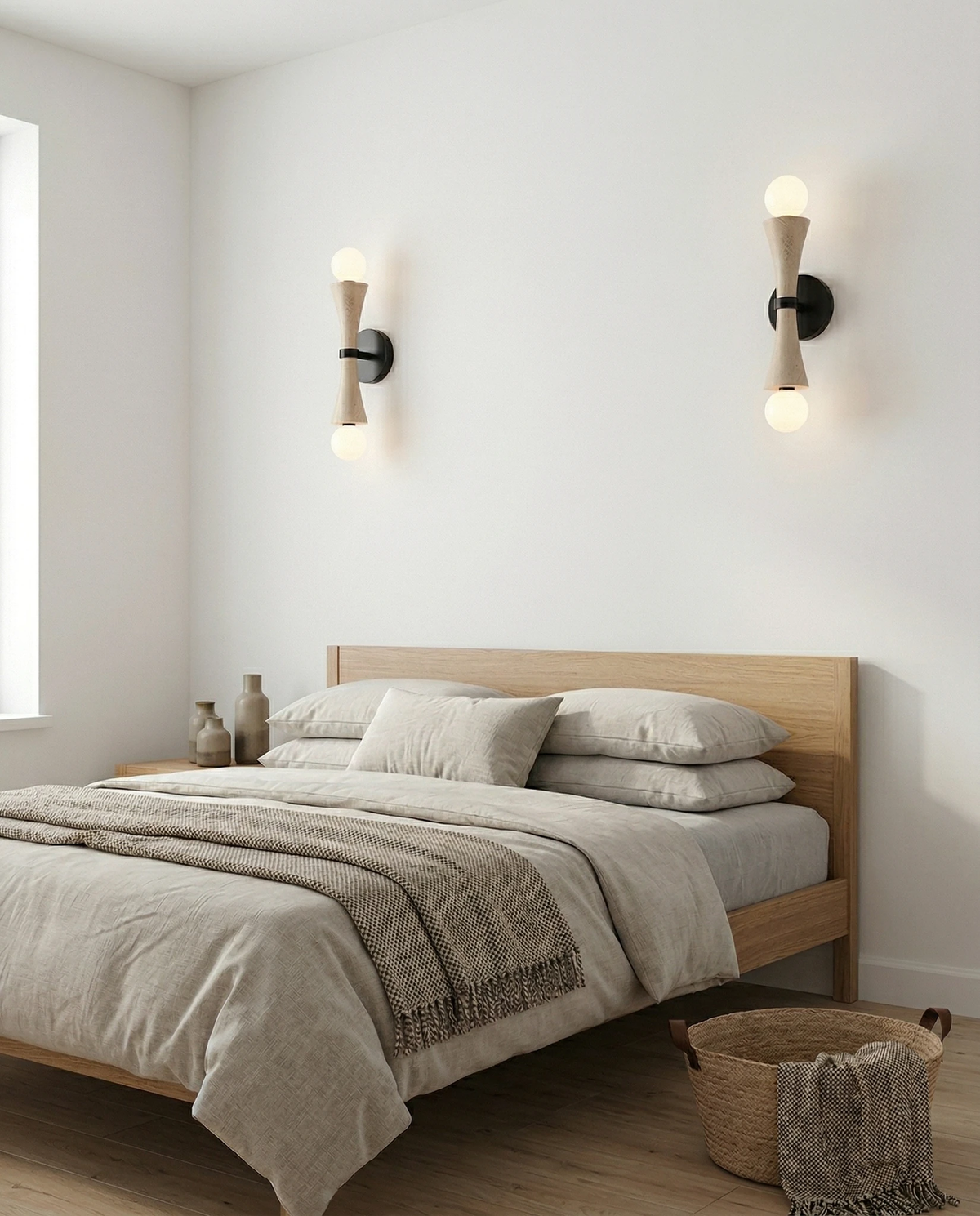 Two travertine wall sconces VETTA No.01 lit on either side of a wood bed with beige linen bedding
