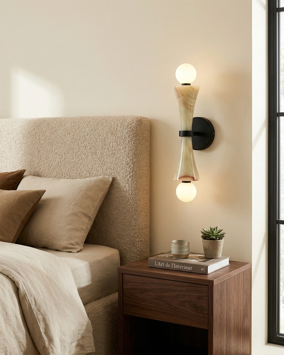 Travertine wall sconce VETTA No.01 switched on above a walnut nightstand next to an upholstered bed
