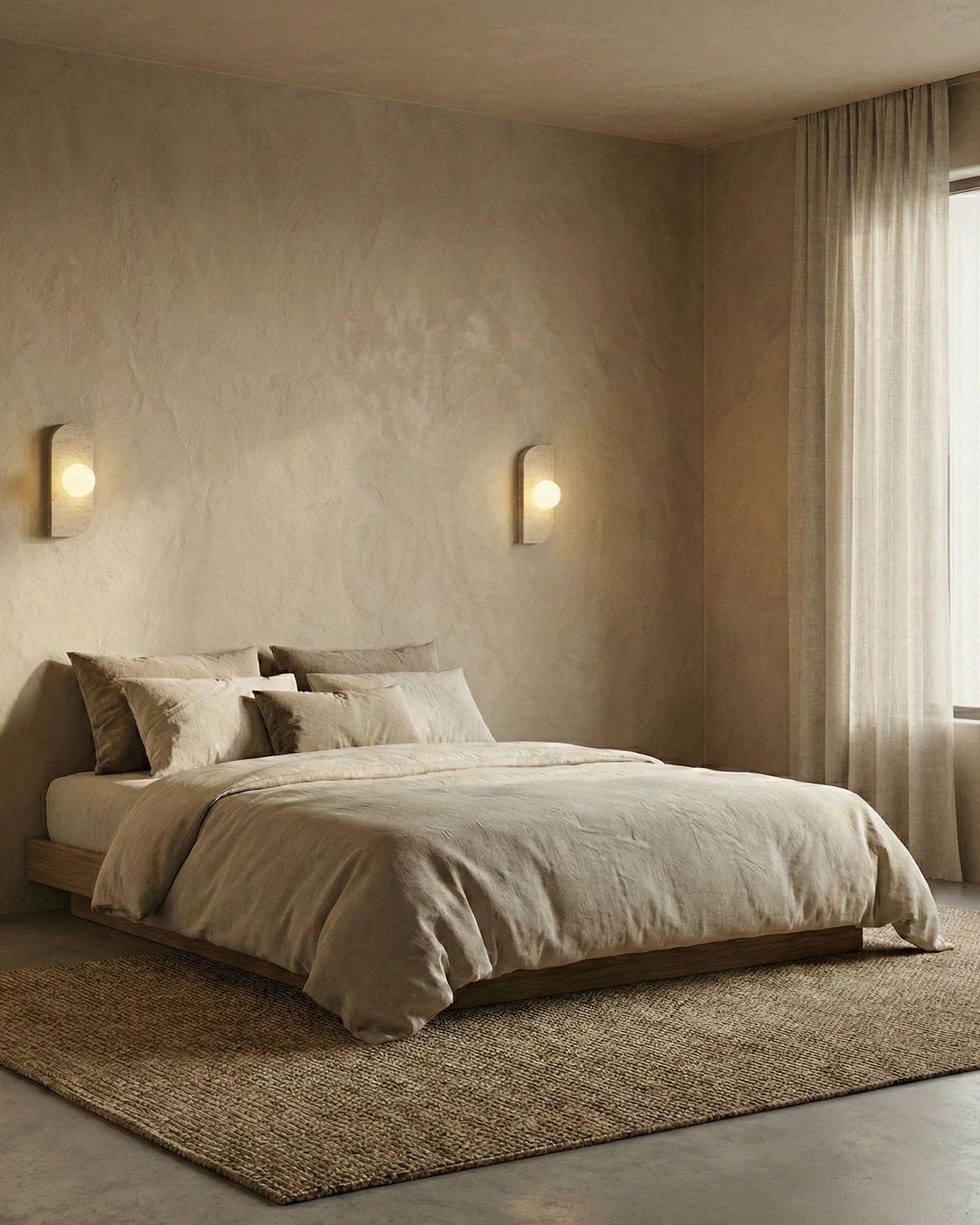 Pair of travertine wall sconces GENOVA No.01 lit either side of a bed with beige linen bedding