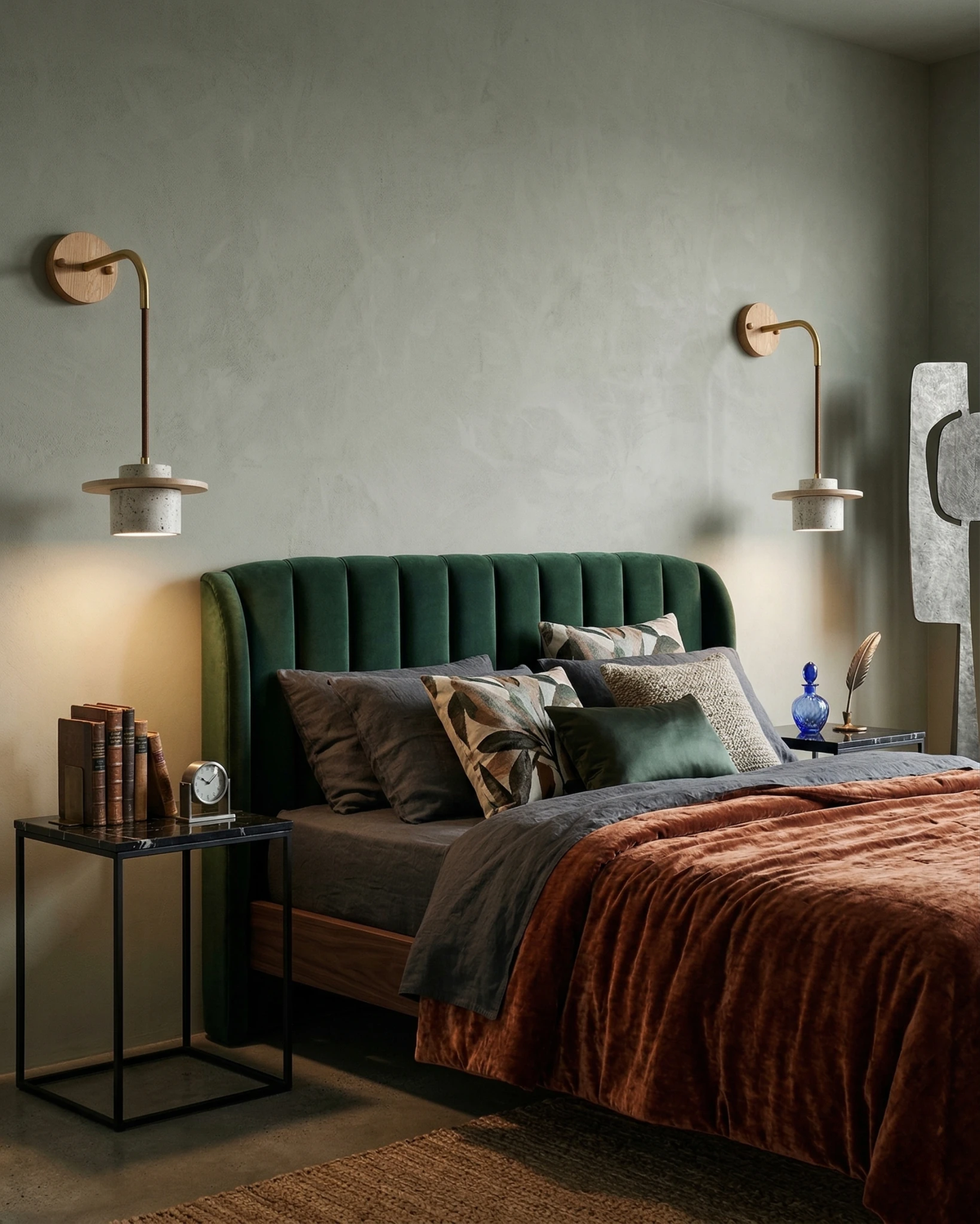 Travertine wall sconce TIVOLI No.01 switched on beside a green velvet bed with rust bedding and a black nightstand
