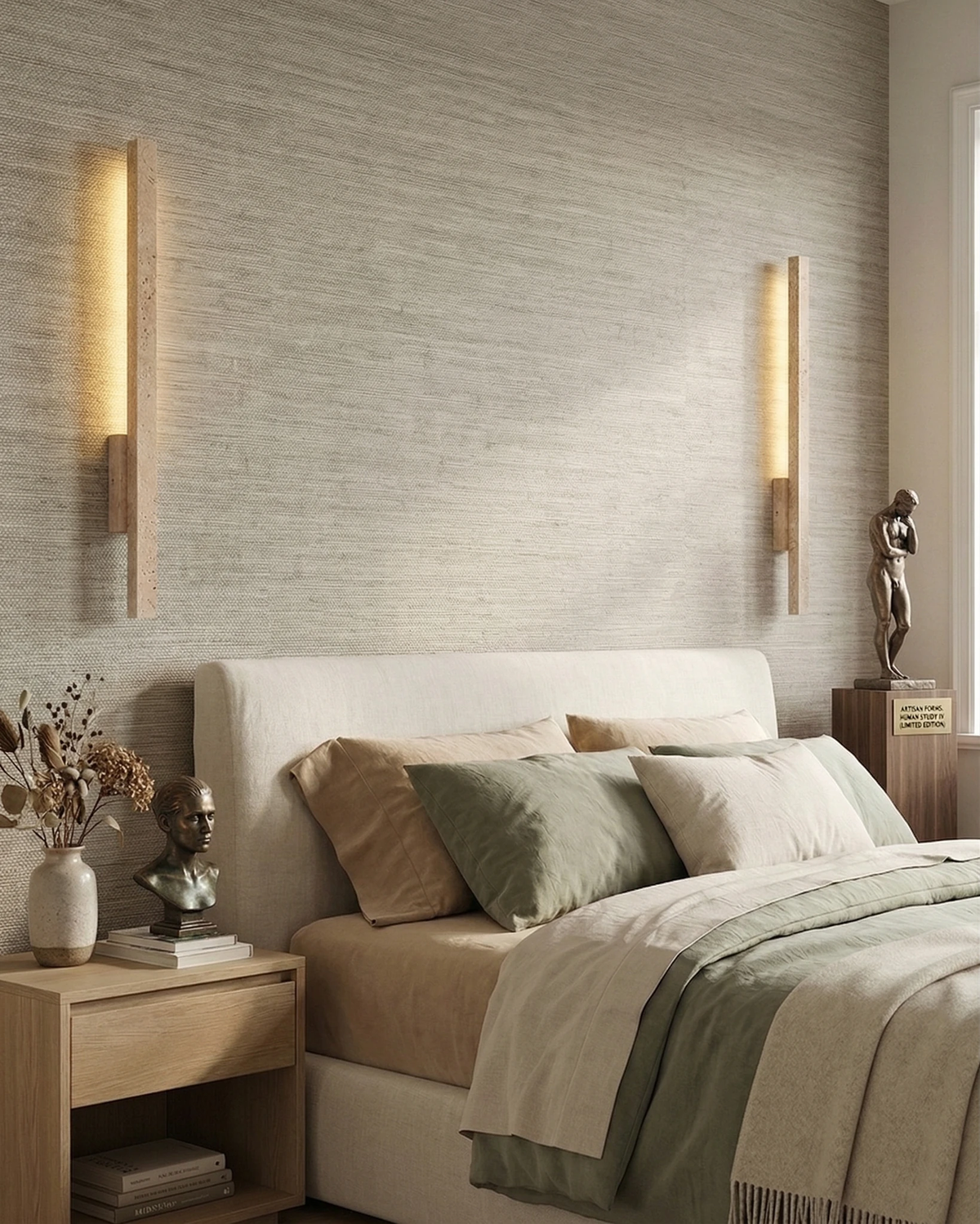 Travertine wall sconce VITRU No.02, a lit pair flanking a white bed with sage bedding and an oak nightstand