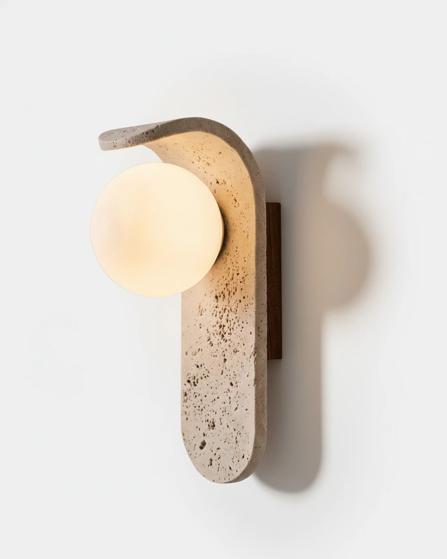 Travertine wall sconce ARCO No.01, curved beige travertine plate holding an opal globe, unlit on a white wall