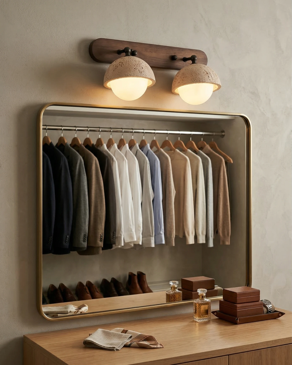 Travertine wall sconce AURA No.02 double globe lit above a brass mirror frame with hanging shirts in a dressing room
