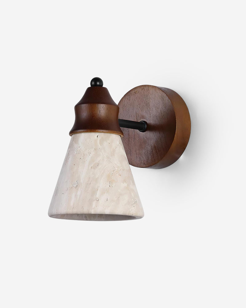 Travertine wall sconce CONA No.03, tapered yellow travertine cone on a walnut arm and round walnut backplate, unlit