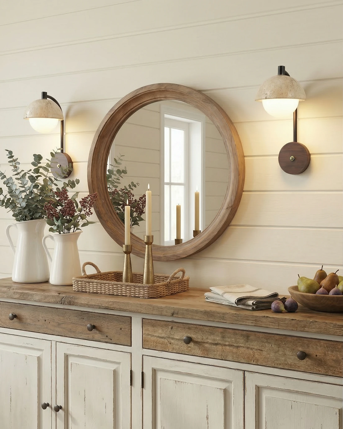 Travertine wall sconce AVORIO No.03, two units lit flanking a round wooden mirror above a rustic sideboard