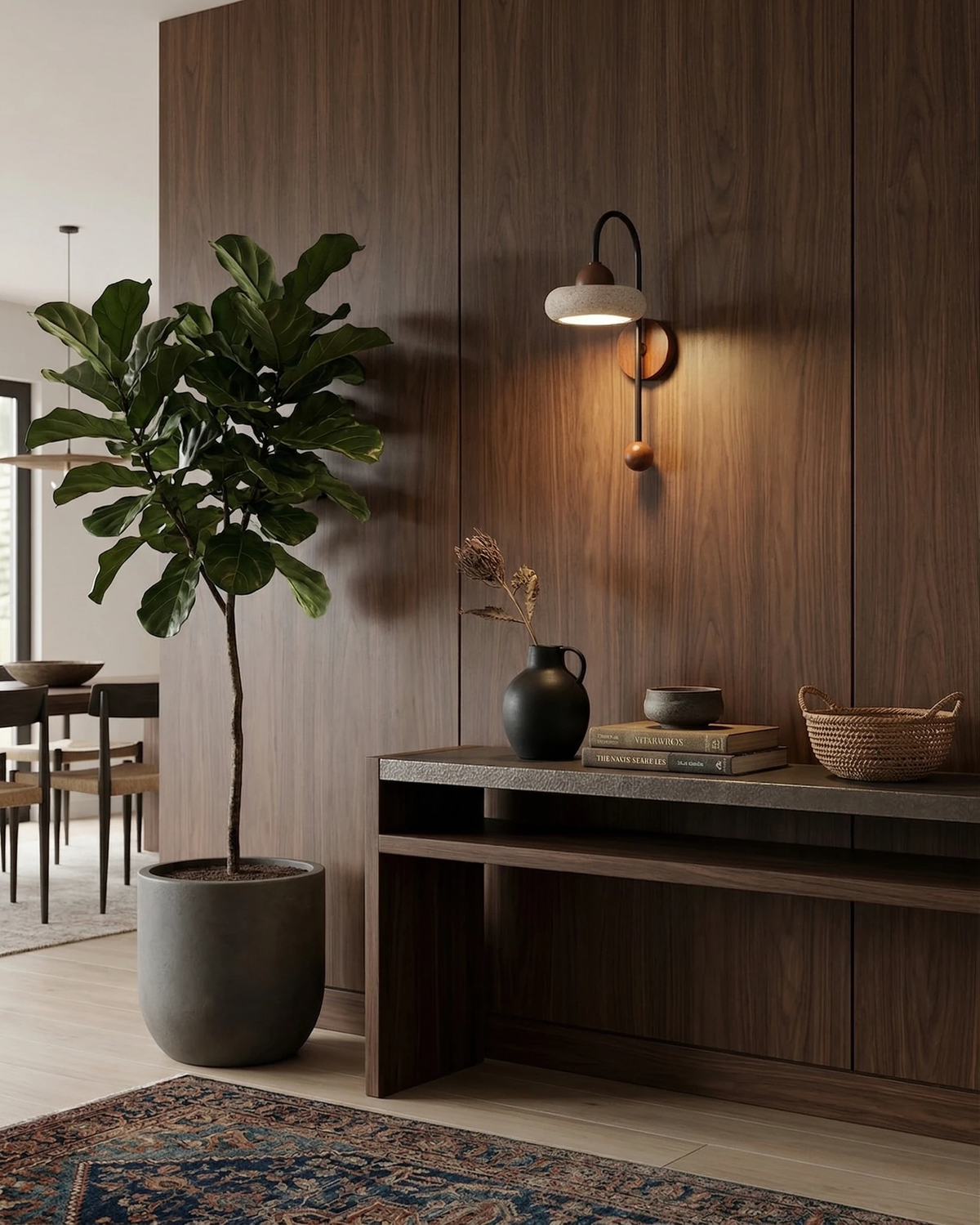 Travertine wall sconce BASSO No.01 lit on a walnut-paneled wall above a dark console with a fiddle-leaf fig