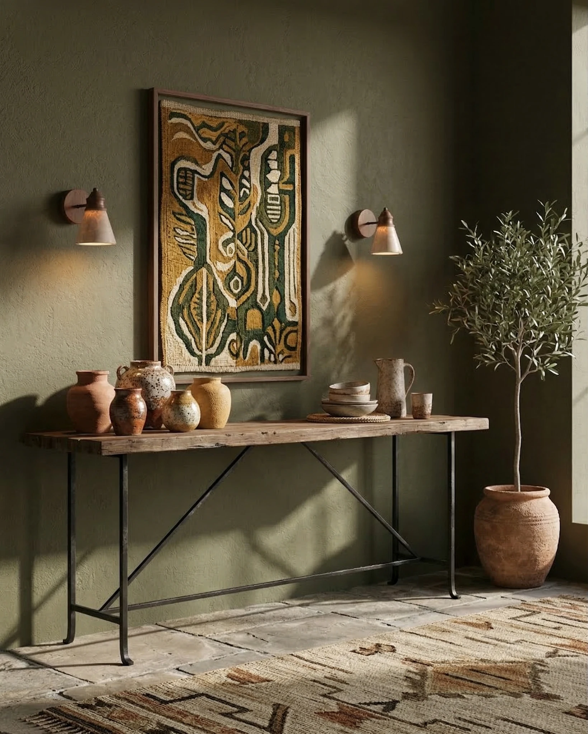 Pair of travertine wall sconces CONA No.03 lit beside an abstract painting above a rustic console with pottery