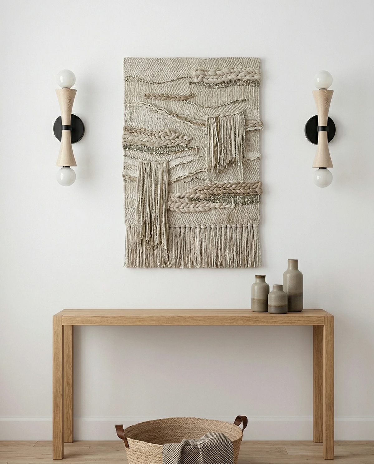 Two travertine wall sconces VETTA No.01 lit either side of a woven wall hanging above an oak console table