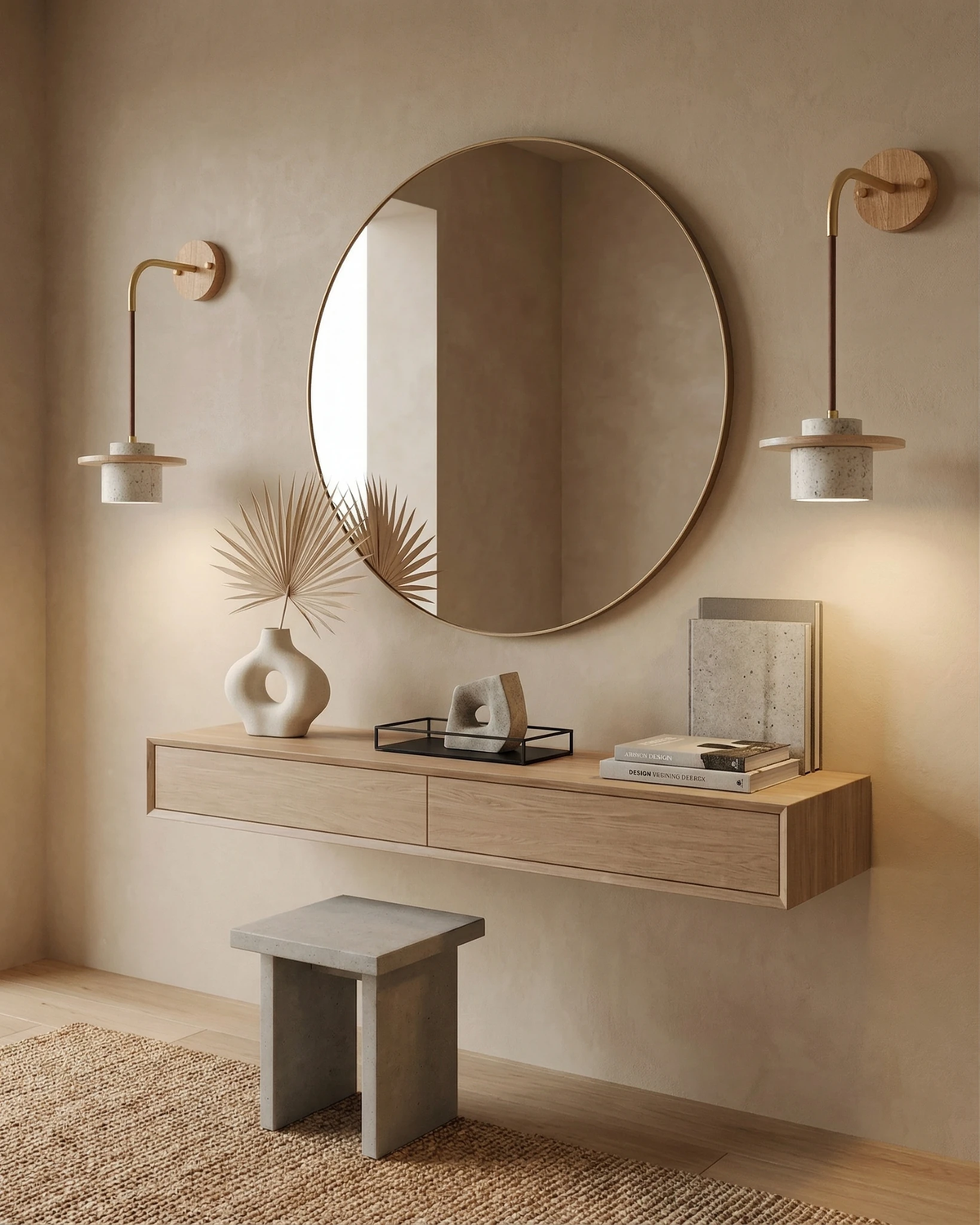 Travertine wall sconce TIVOLI No.01, a lit pair on brass arms flanking a round mirror over a floating oak console