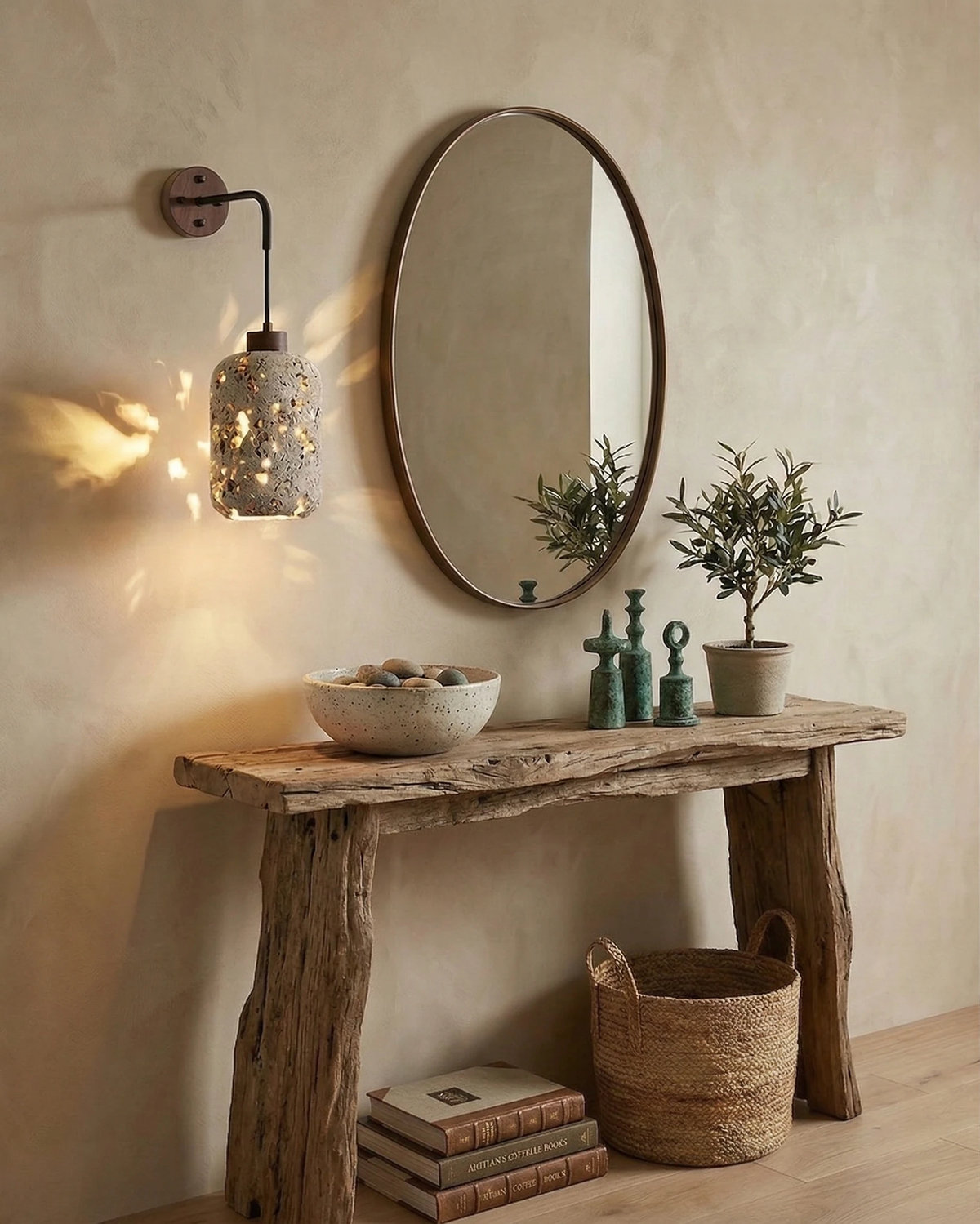 Travertine wall sconce OLTRE No.01 lit beside a round mirror above a rustic live-edge console with plants