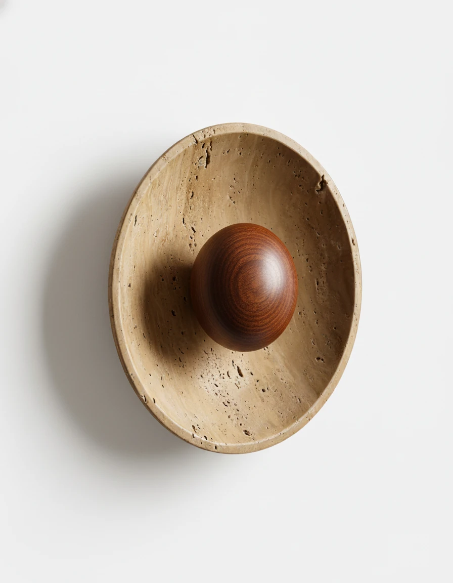Travertine wall sconce PRATO No.01 in dark walnut, travertine saucer with a dark wood dome at its center
