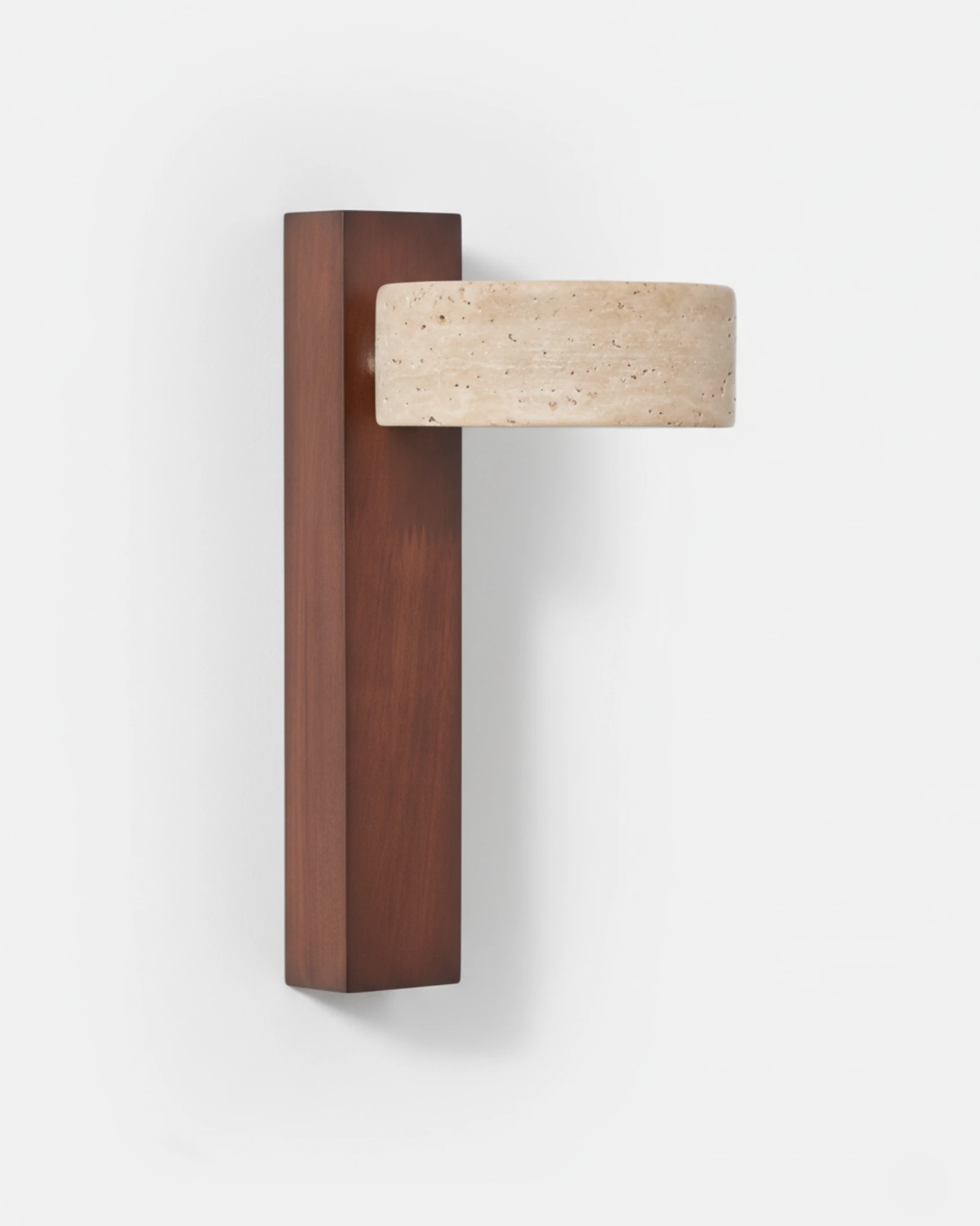 Travertine wall sconce PRATO No.02 in Dark Walnut, stone disc shade on a tall wooden column, unlit