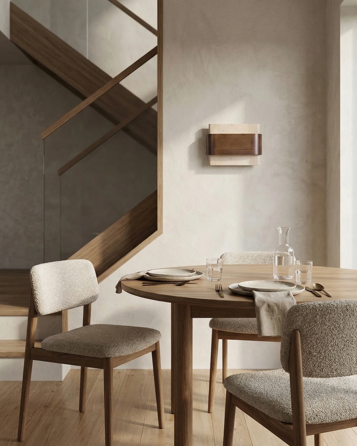 Travertine wall sconce MASSO No.01 on a plaster wall beside a wooden staircase above a round oak dining table