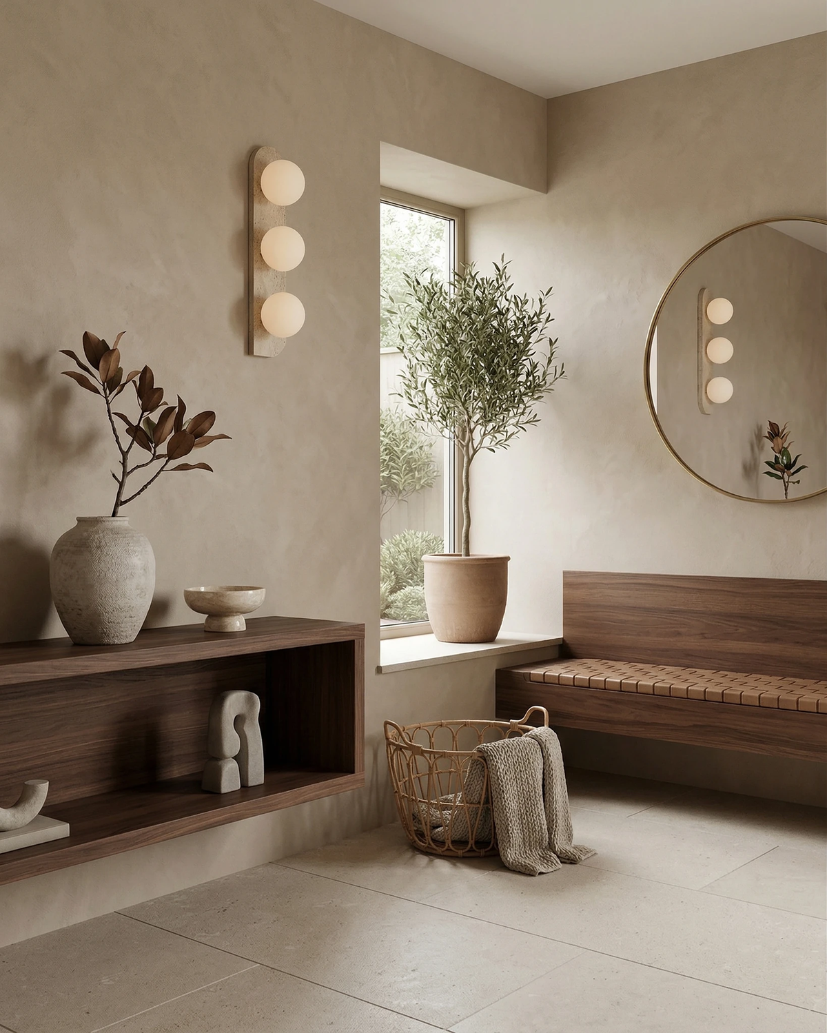 Travertine wall sconce PRATO No.03 triple globe lit by a window in an entryway with a bench and olive tree