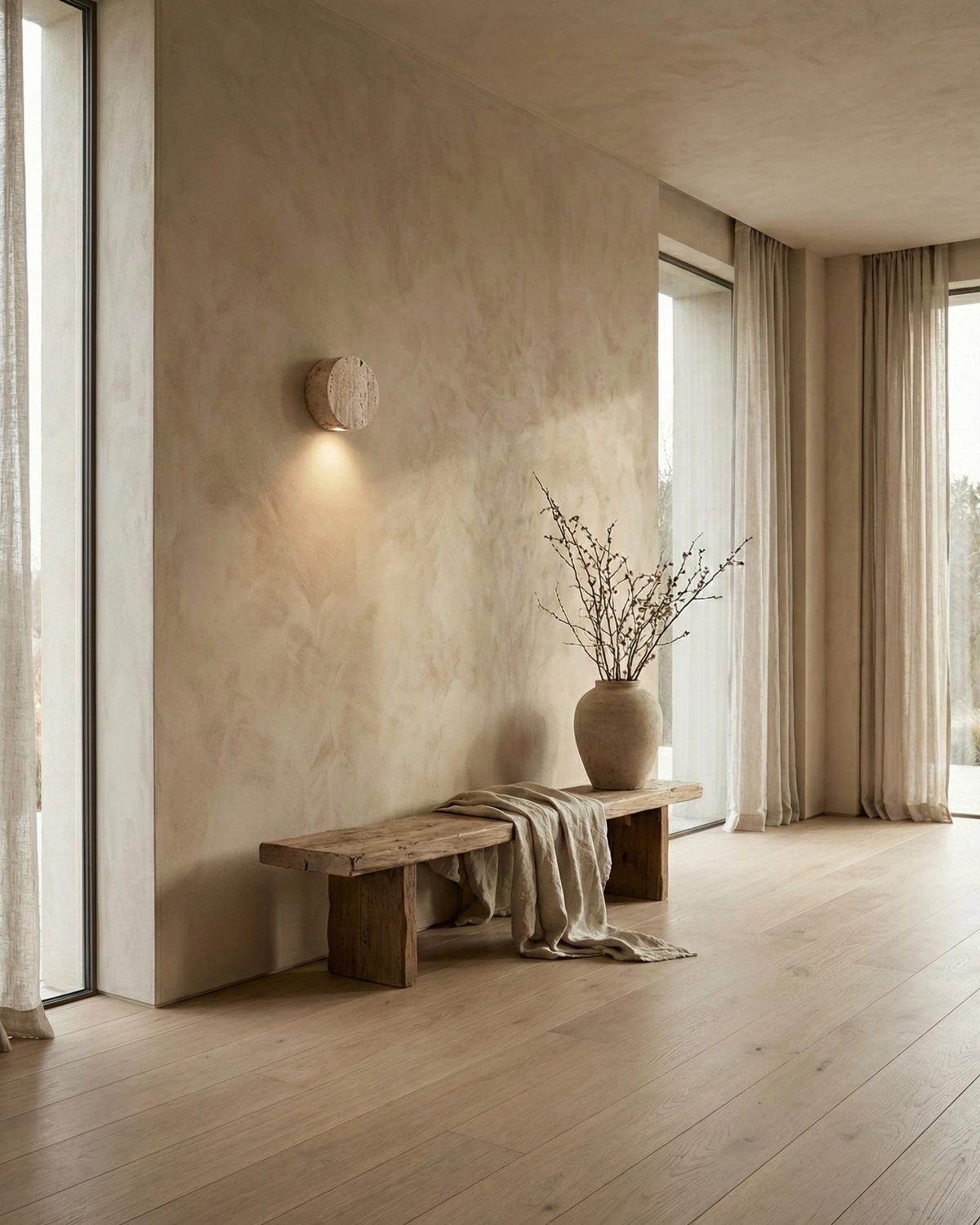 Travertine wall sconce VERONA No.01 glowing on a plaster wall above a wooden bench with a vase of branches
