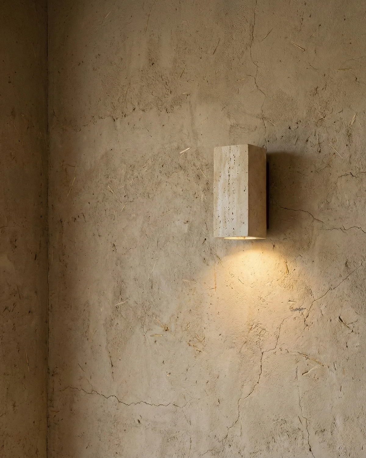 Travertine wall sconce GRANO No.01 lit on a textured plaster wall, casting light up and down the stone
