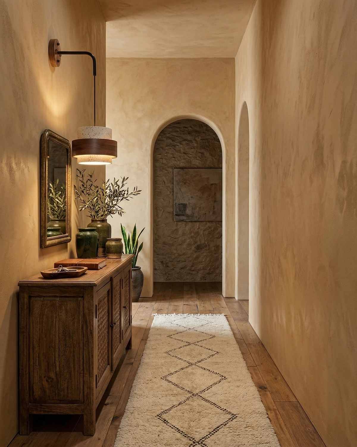 Travertine wall sconce TIVOLI No.02 lit above a wood console in a long arched hallway with a patterned runner
