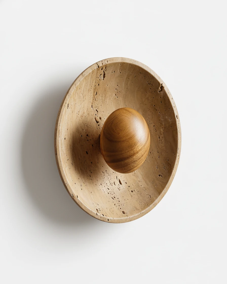 Travertine wall sconce PRATO No.01 in light walnut, round travertine saucer with a domed wood center, unlit