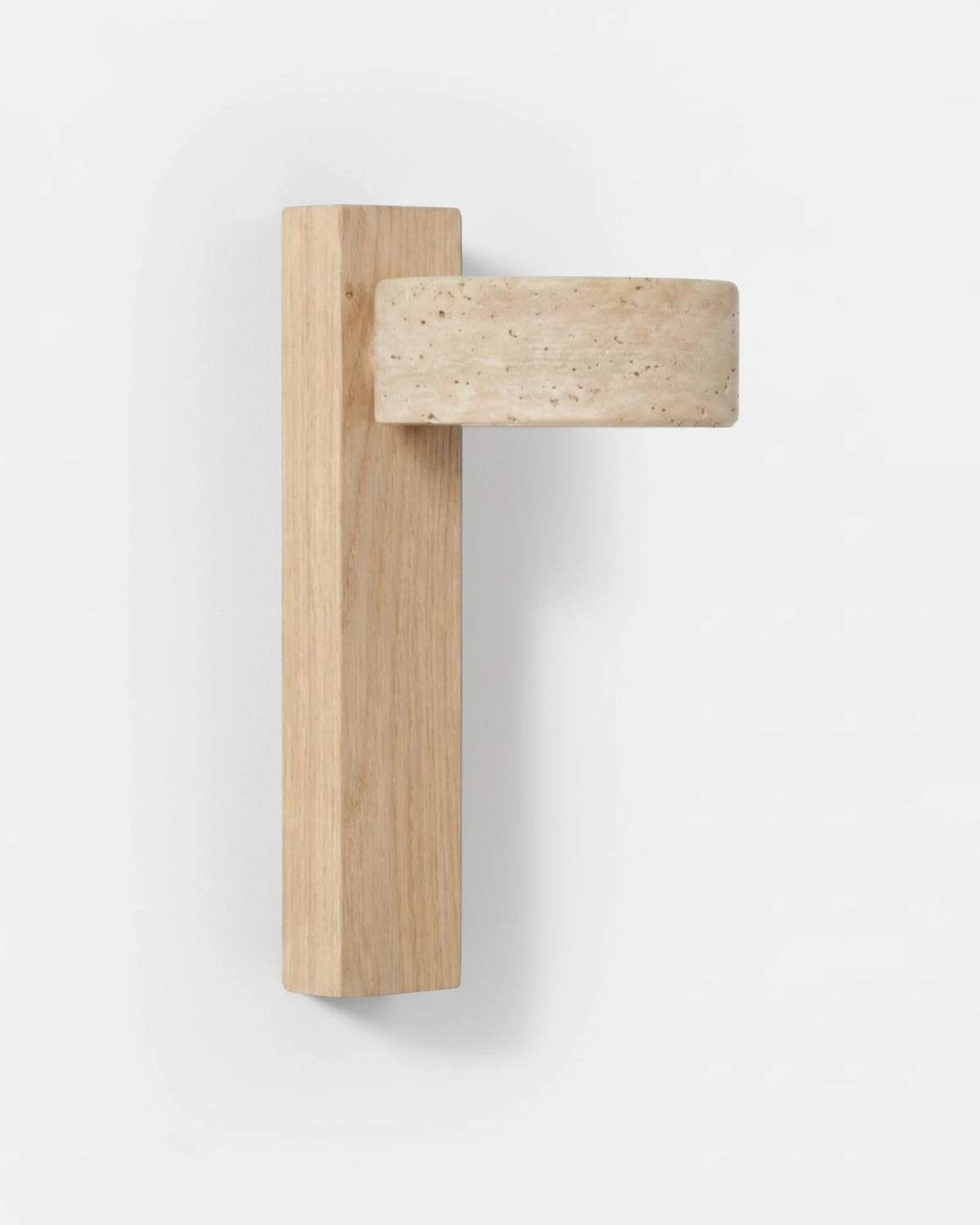 Travertine wall sconce PRATO No.02 in Light Walnut, pale wood column with a travertine disc shade, switched off