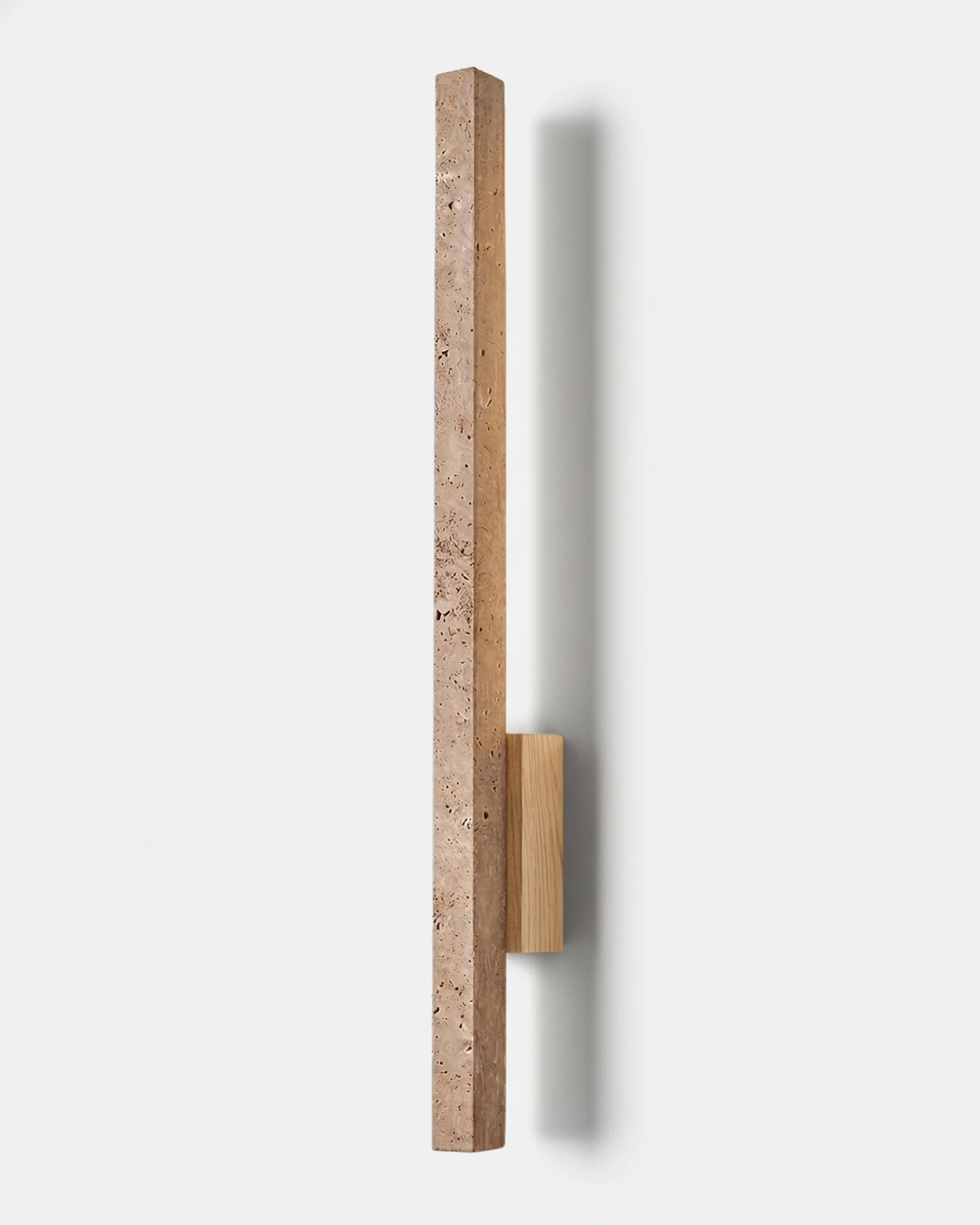 Travertine wall sconce VITRU No.02 Standard in Travertine and Light Wood, unlit stone bar on a pale wood bracket