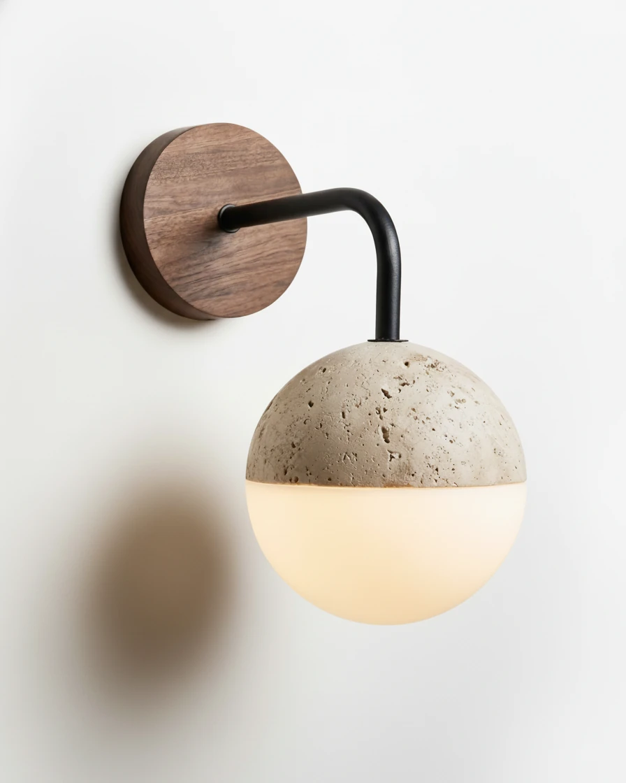 Travertine wall sconce CIPRO No.02, travertine and opal hemisphere globe lit on a black arm from a walnut disc