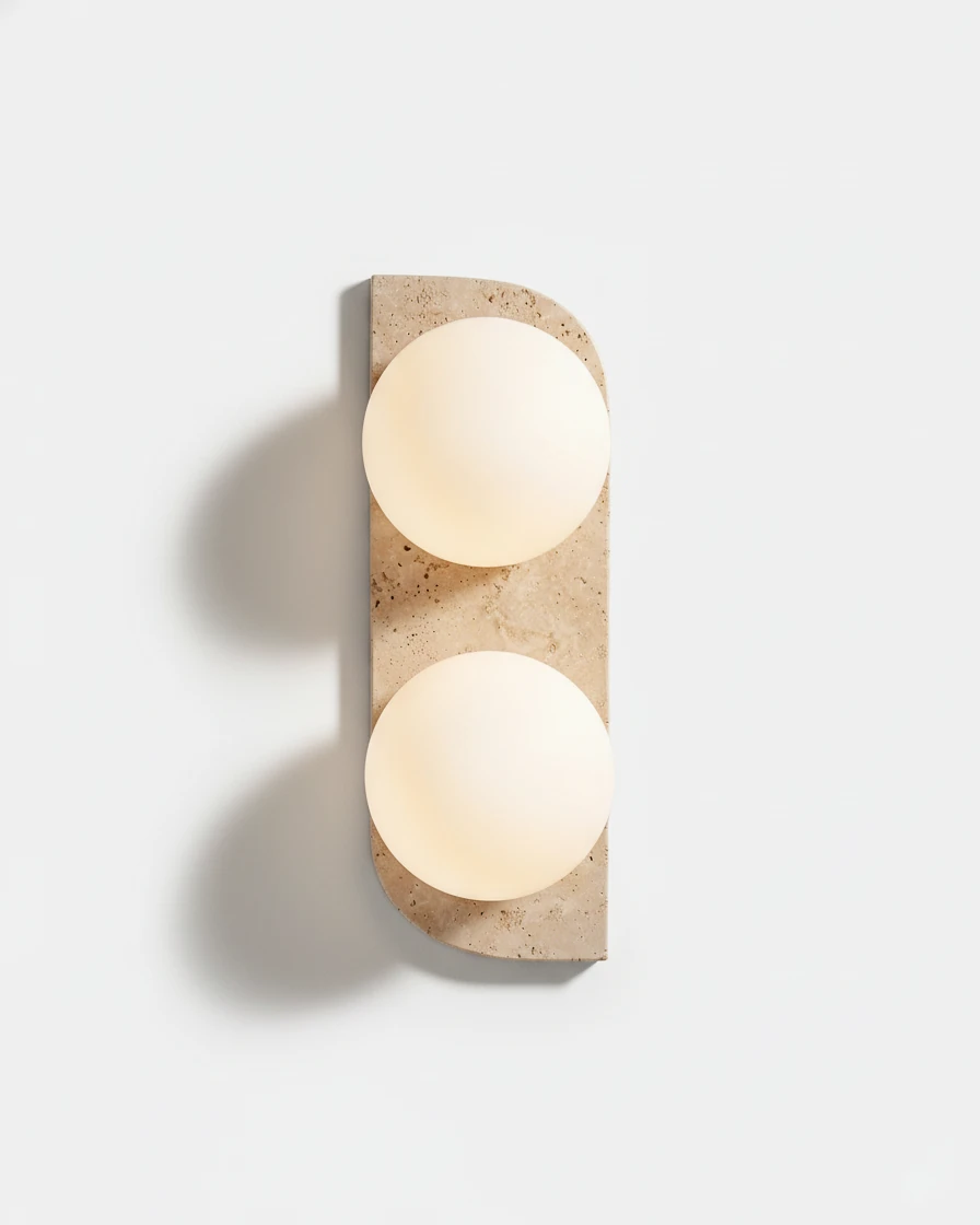 Travertine wall sconce PRATO No.03 double globe, two opal globes lit on a travertine half-moon plate