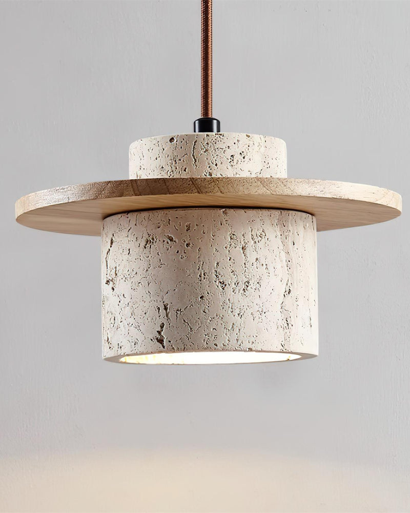 Travertine wall sconce TIVOLI No.01 shade in light oak hung from a cord, travertine cylinder lit from inside