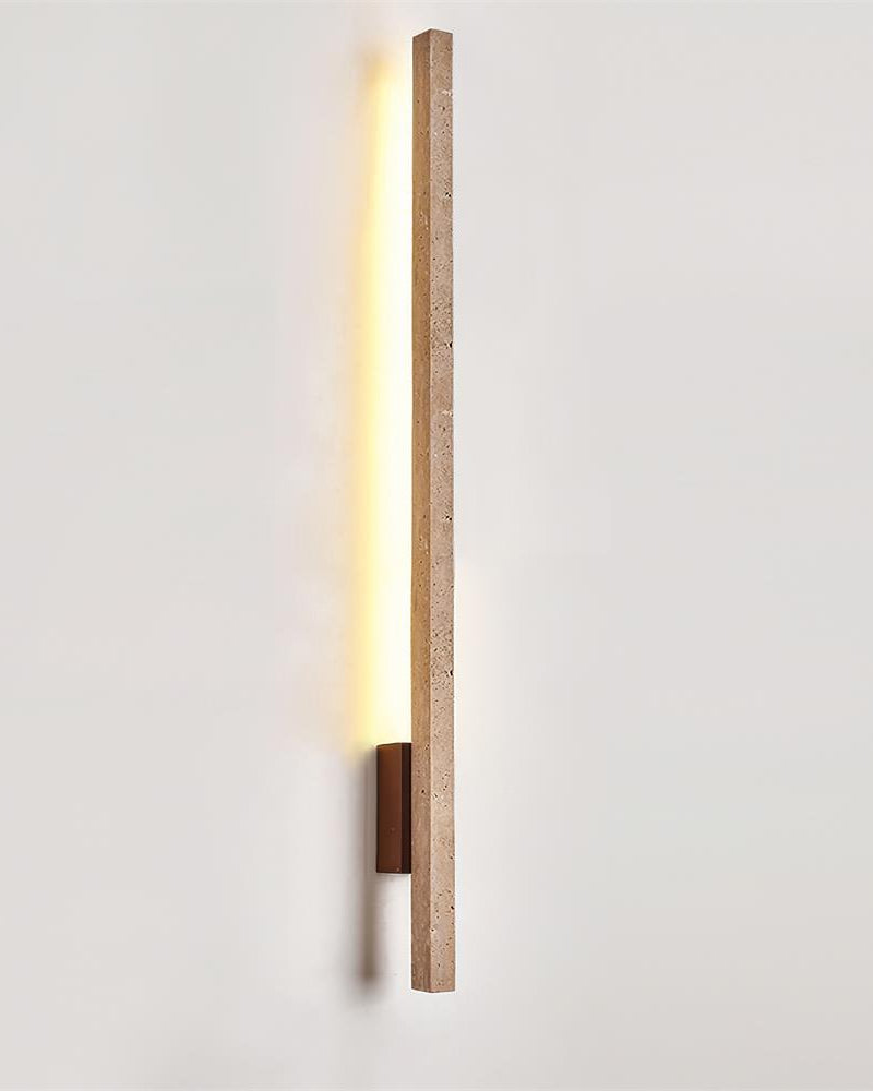 Travertine wall sconce VITRU No.02 Tall in Travertine and Dark Walnut, long stone bar glowing along its edge