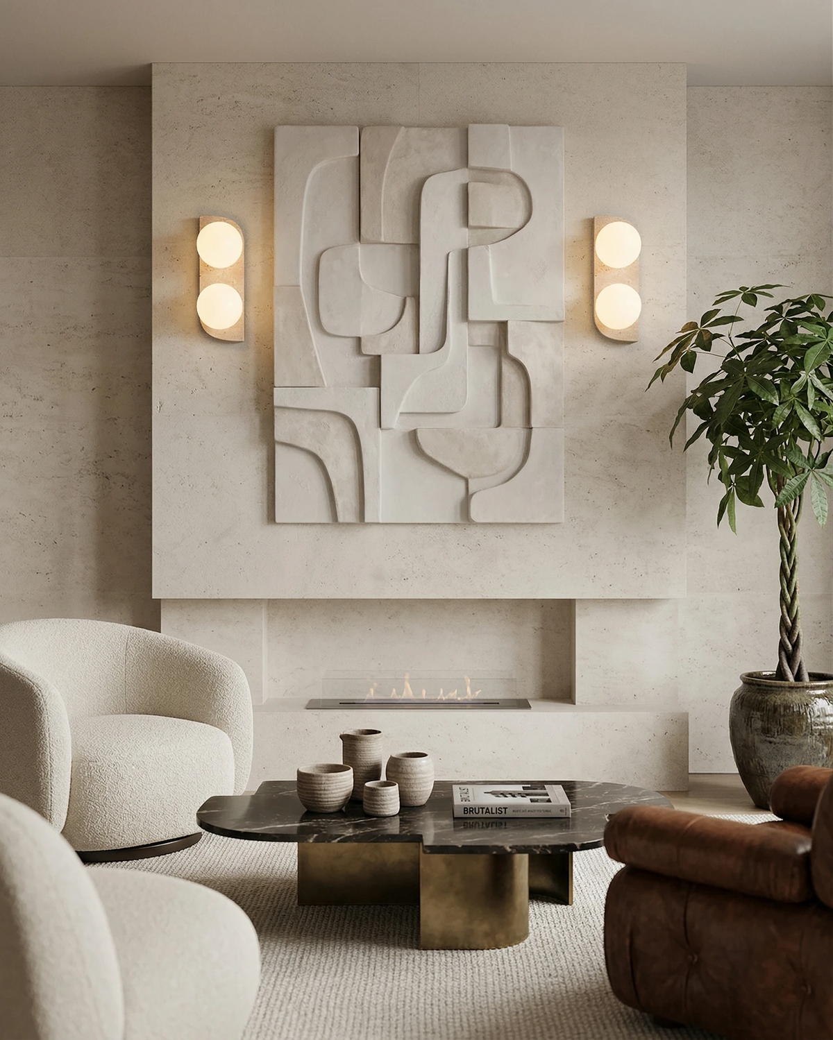 Two travertine wall sconces PRATO No.03 double globe lit beside a plaster relief above a fireplace, boucle chairs