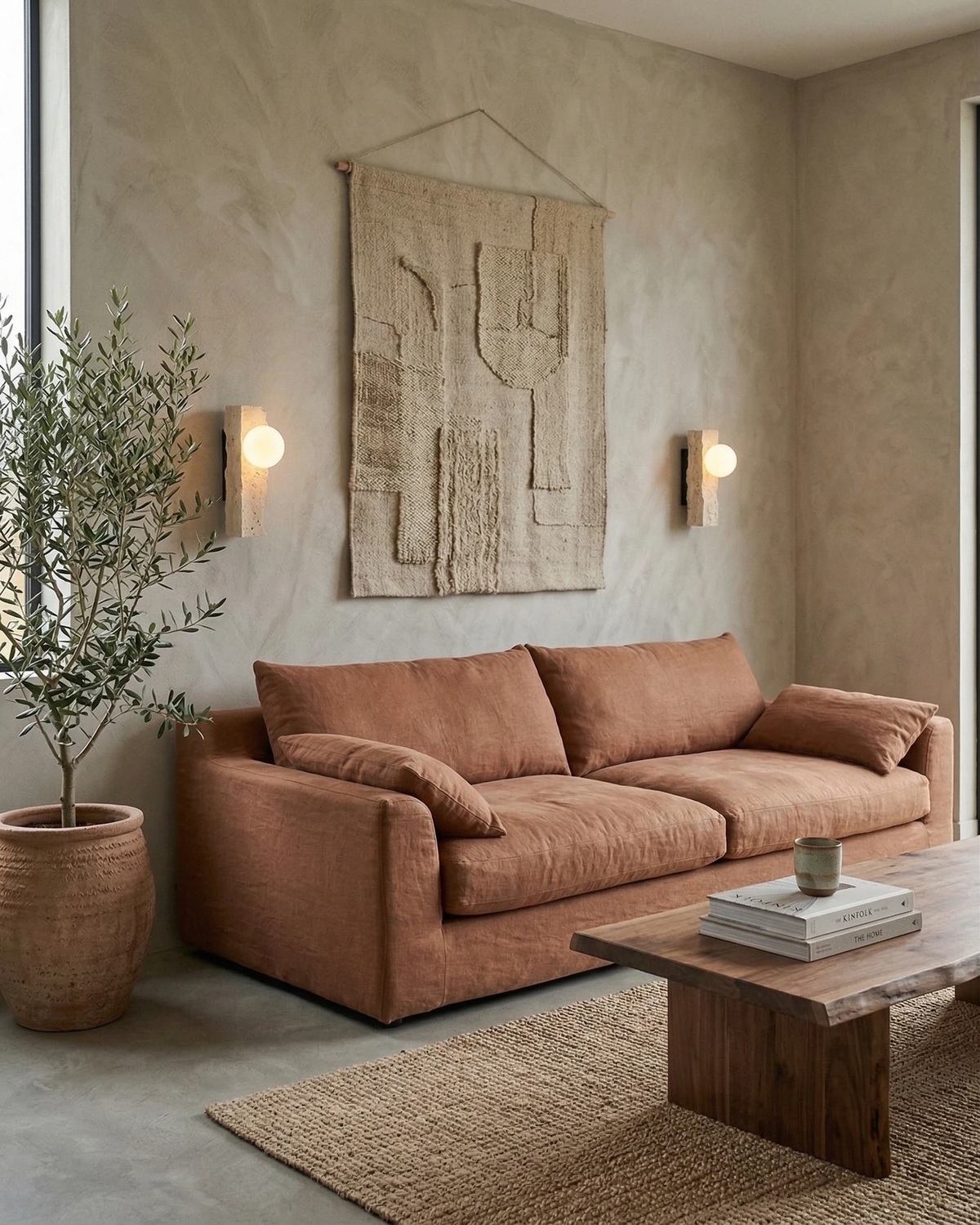 Two travertine wall sconces KANSO No.03 lit either side of a woven wall hanging above a terracotta sofa