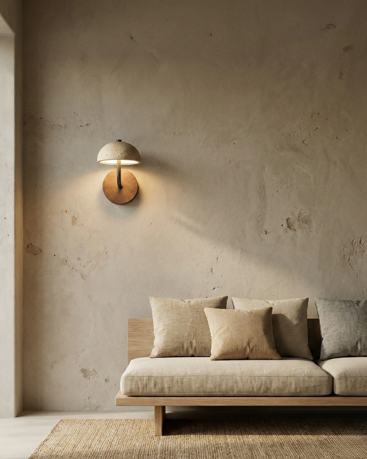 Travertine wall sconce SIENA No.01 lit on a plaster wall above a low wood sofa with linen cushions