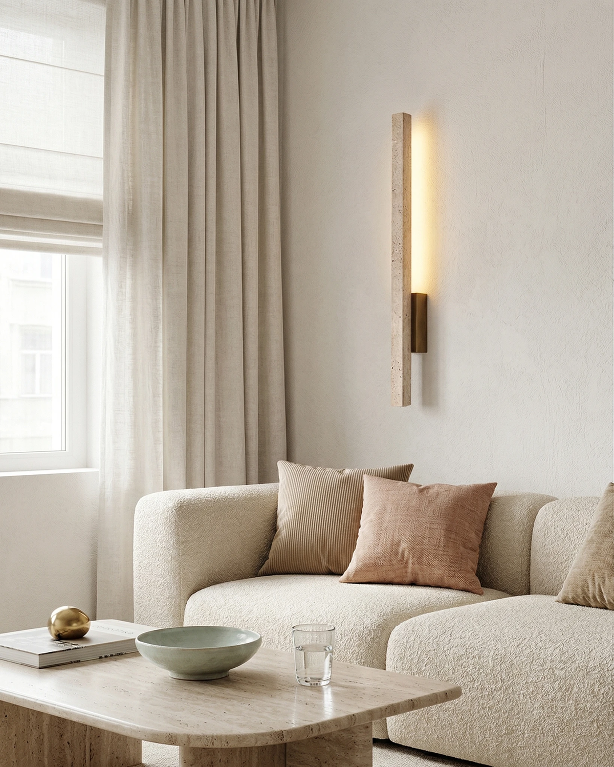 Travertine wall sconce VITRU No.02 lit on a wall above a cream sectional sofa and a round travertine coffee table